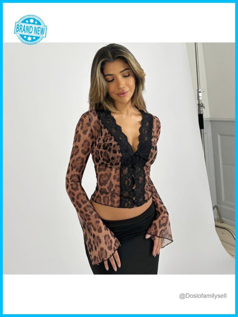 Women's Sheer Mesh Leopard Print Crop Top Long Flare Sleeve Deep V Lace Blouse - Picture 6 of 6